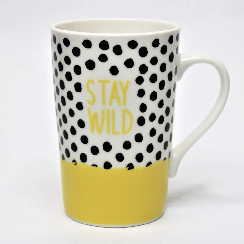 Tall Mug Morning Cup of Stay Wild Ceramic Yellow with Black Polka Dots 13 fl.